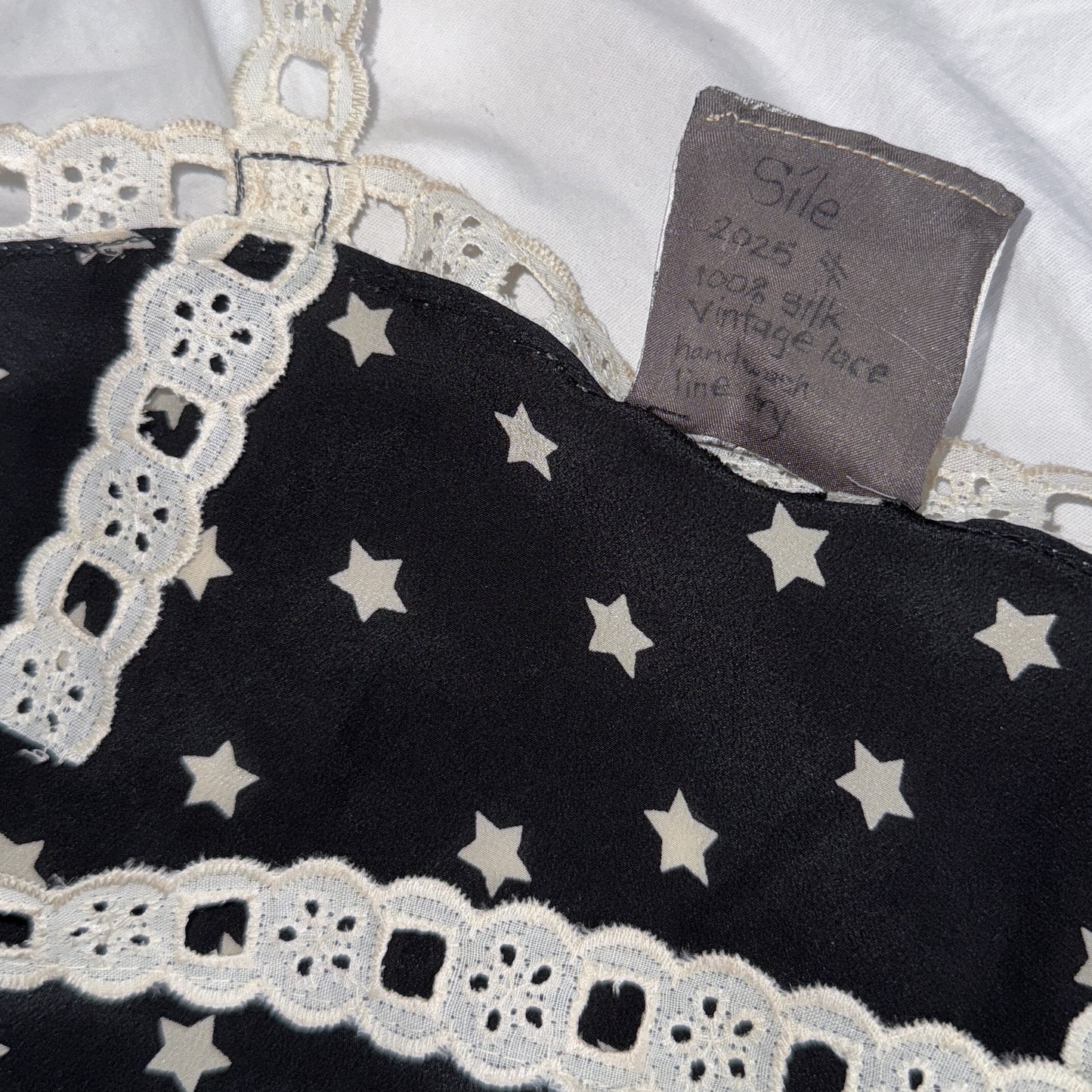 100% silk & lace crop top in black & white star