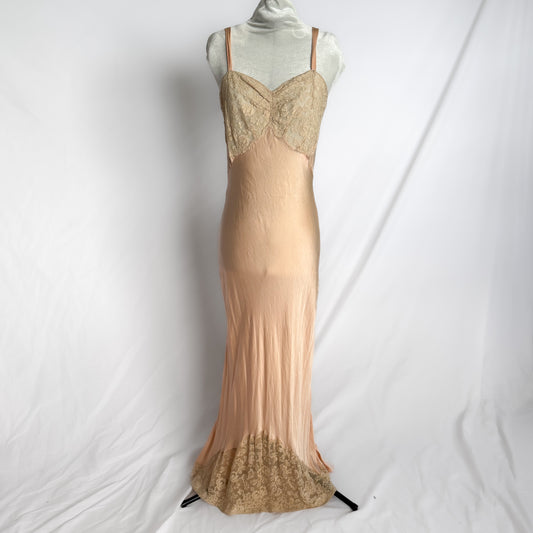 1930s/40s vintage 100% silk maxi slip dress in pink peach