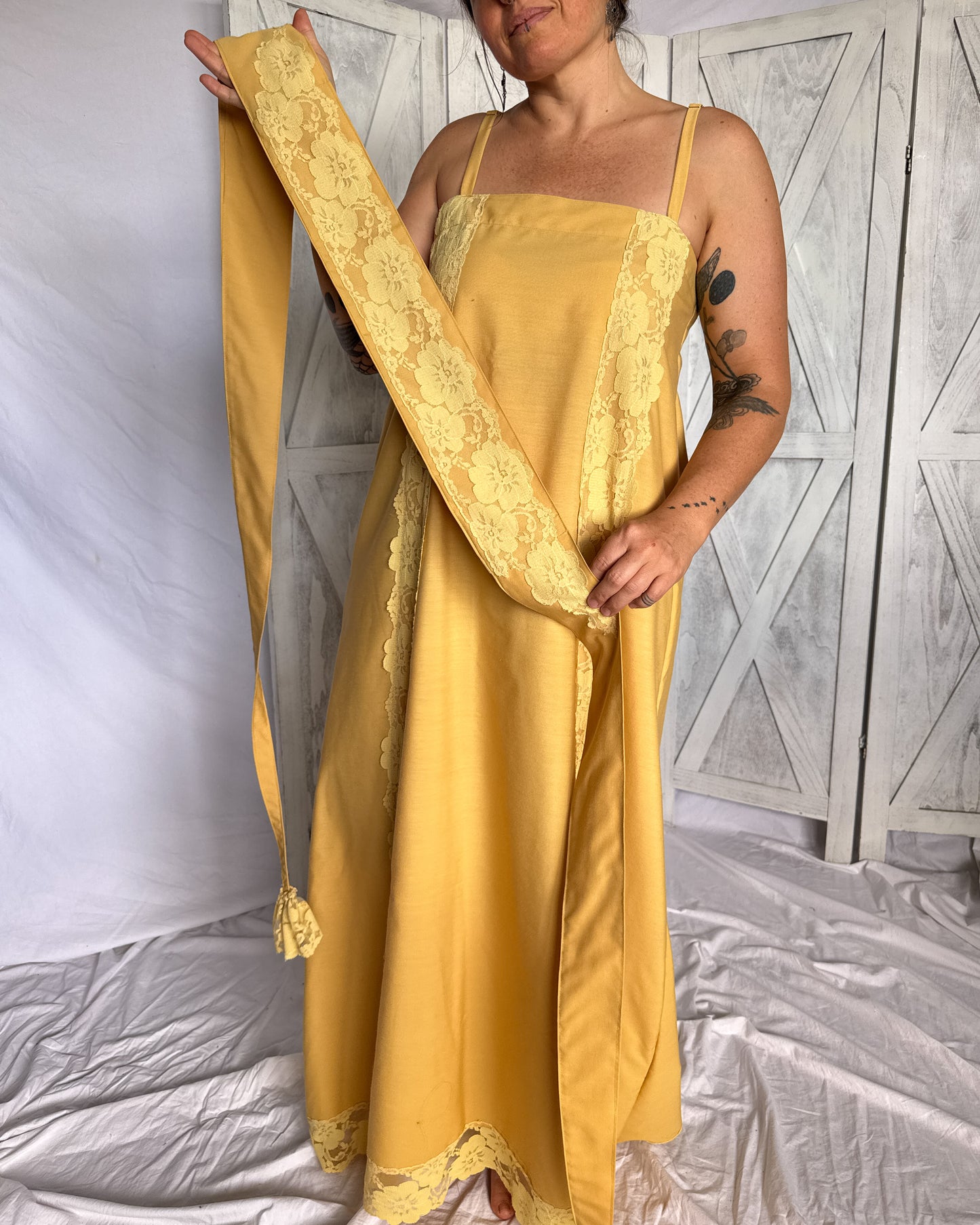 Vintage lace maxi prairie dress is mustard yellow