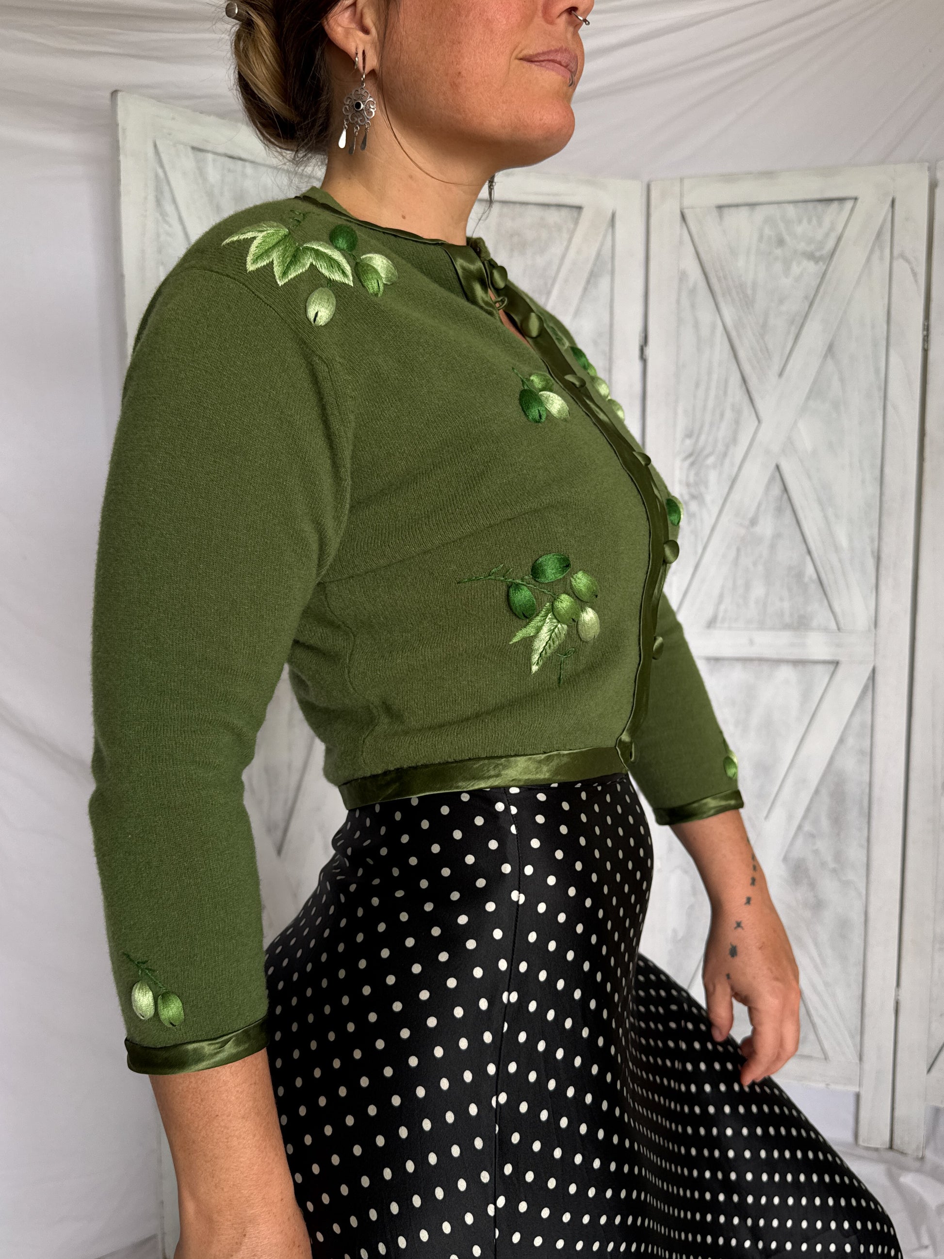 Green wool cardigan back view vintage 1950s