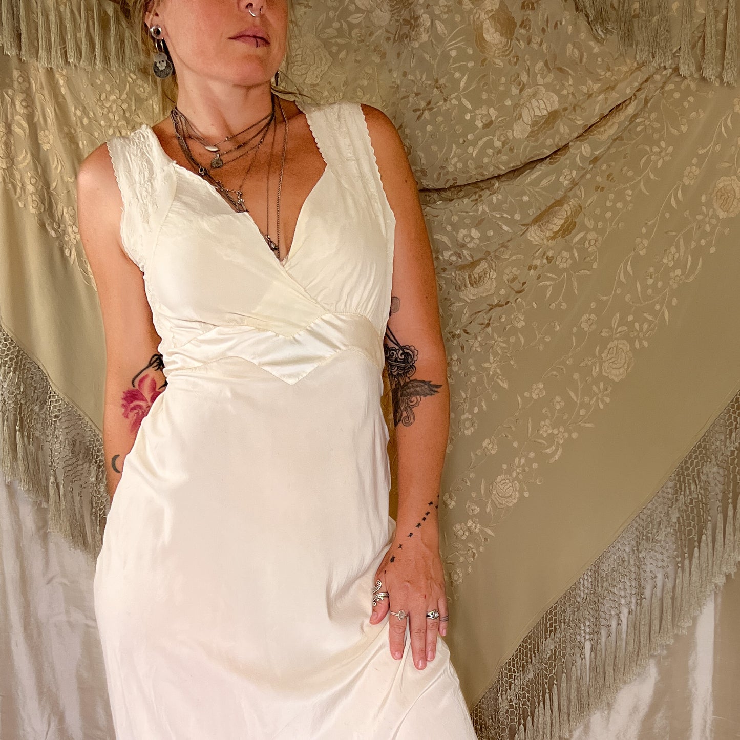 SOLD1930s Vintage silk maxi slip dress in butter cream yellow