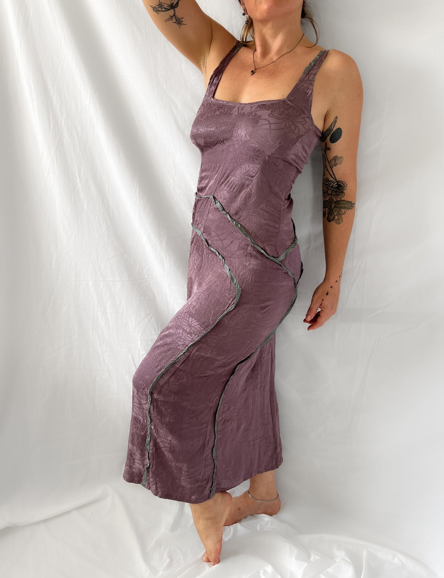Vintage rustic floral jacquard maxi slip dress in deep lavender mauve