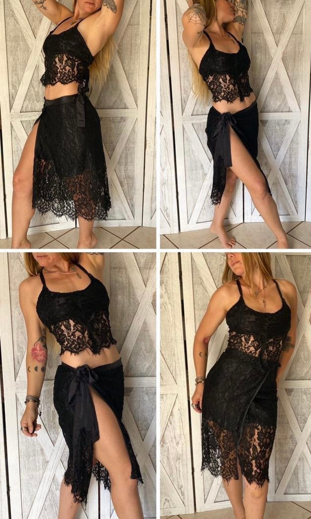SOLDVintage handmade 100% silk and lace wrap skirt / cropped top two piece set in jet