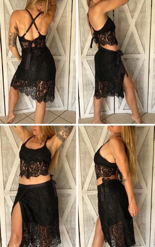 SOLDVintage handmade 100% silk and lace wrap skirt / cropped top two piece set in jet