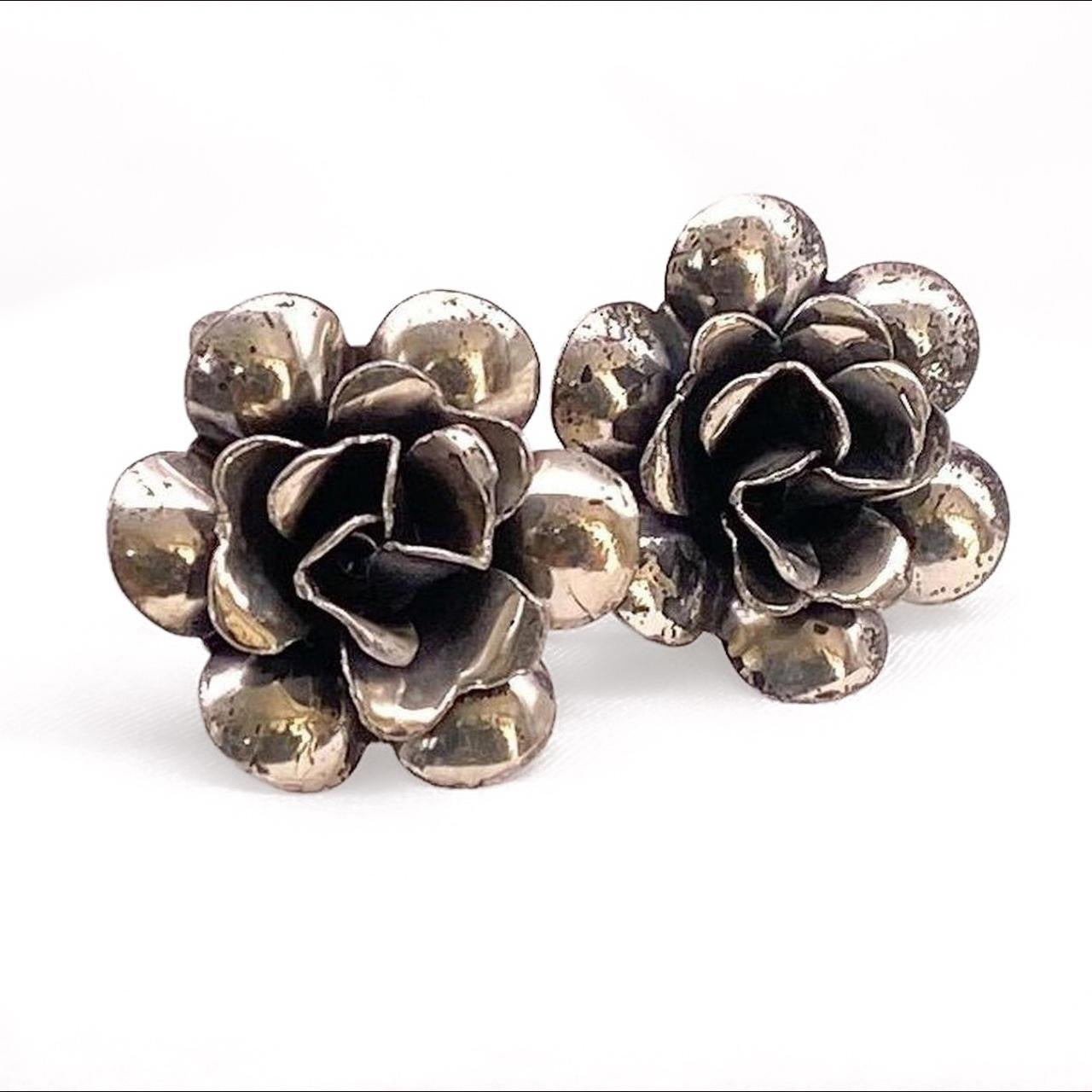 antique Sterling silver flower clip on earrings