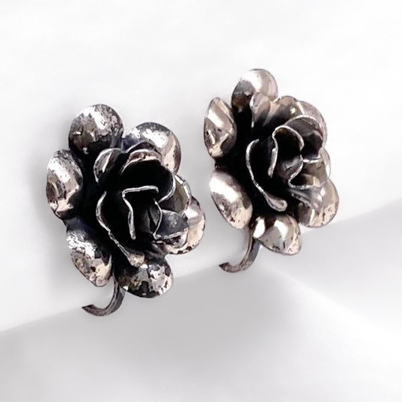 antique Sterling silver flower clip on earrings