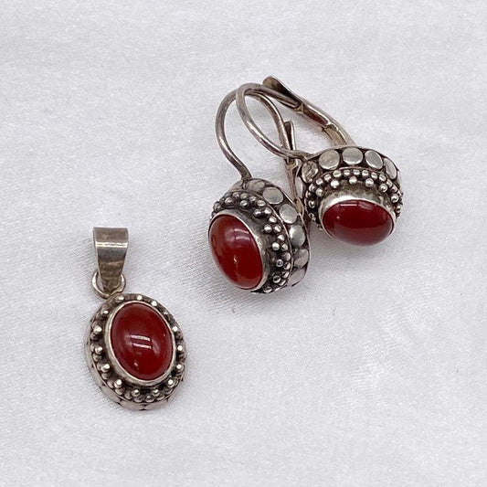 Vintage sterling carnelian agate stone earring pendant set