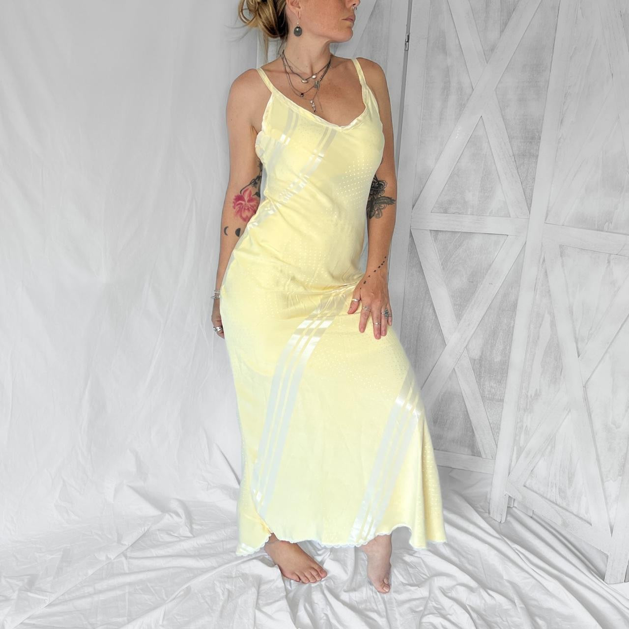 Vintage maxi slip dress in glossy yellow cream striped and dotted