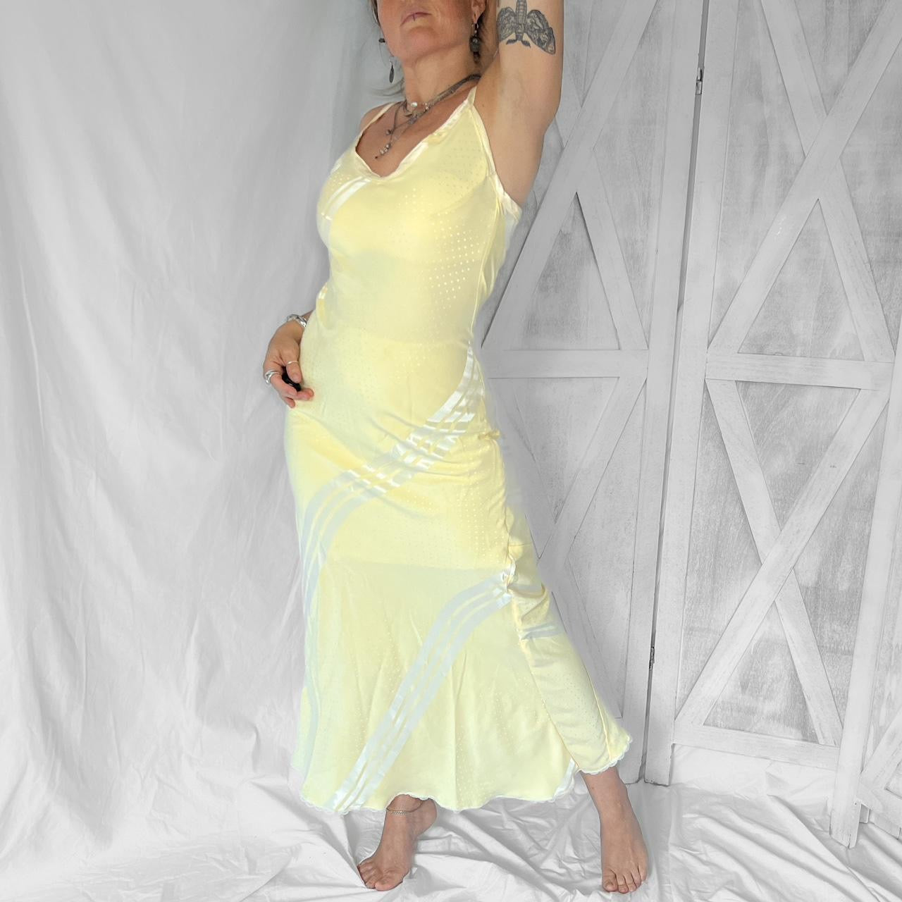 Vintage maxi slip dress in glossy yellow cream striped and dotted