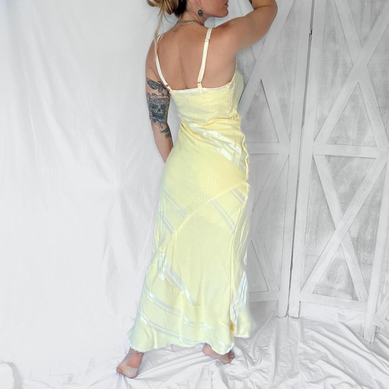 Vintage maxi slip dress in glossy yellow cream striped and dotted