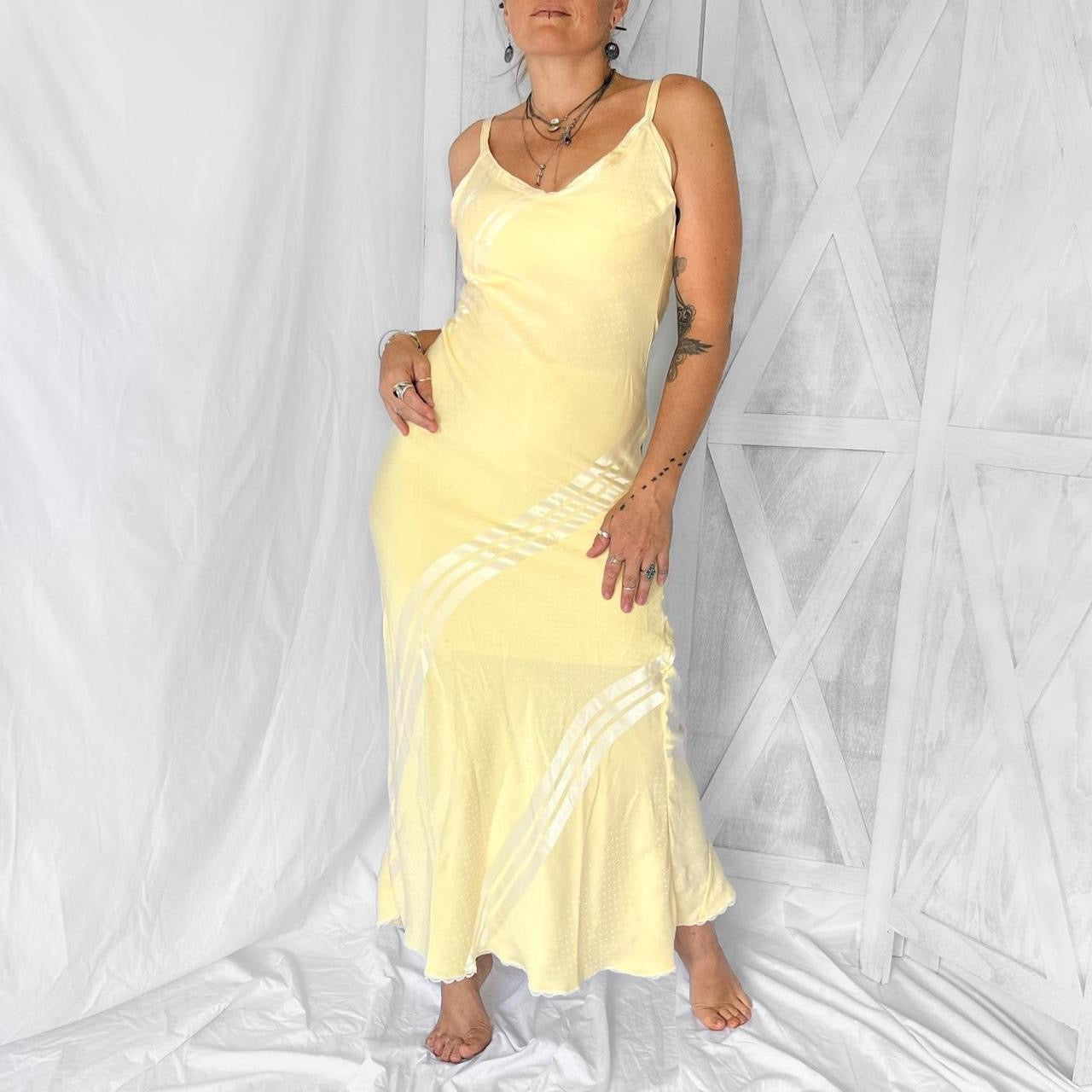 Vintage maxi slip dress in glossy yellow cream striped and dotted