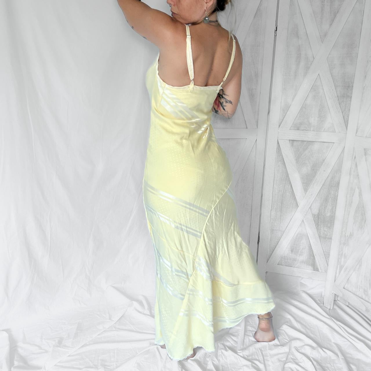 Vintage maxi slip dress in glossy yellow cream striped and dotted