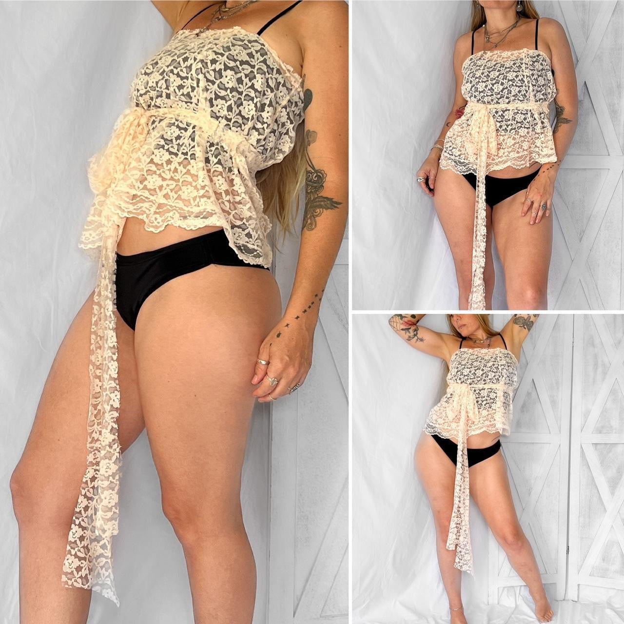 Vintage sheer floral lace mini wrap festival skirt in petal pink