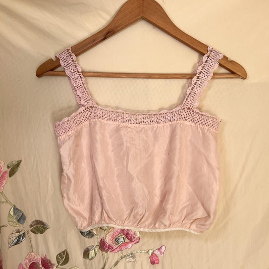 antique victorian / edwardian silk corset cover with crochet lace in blush pink