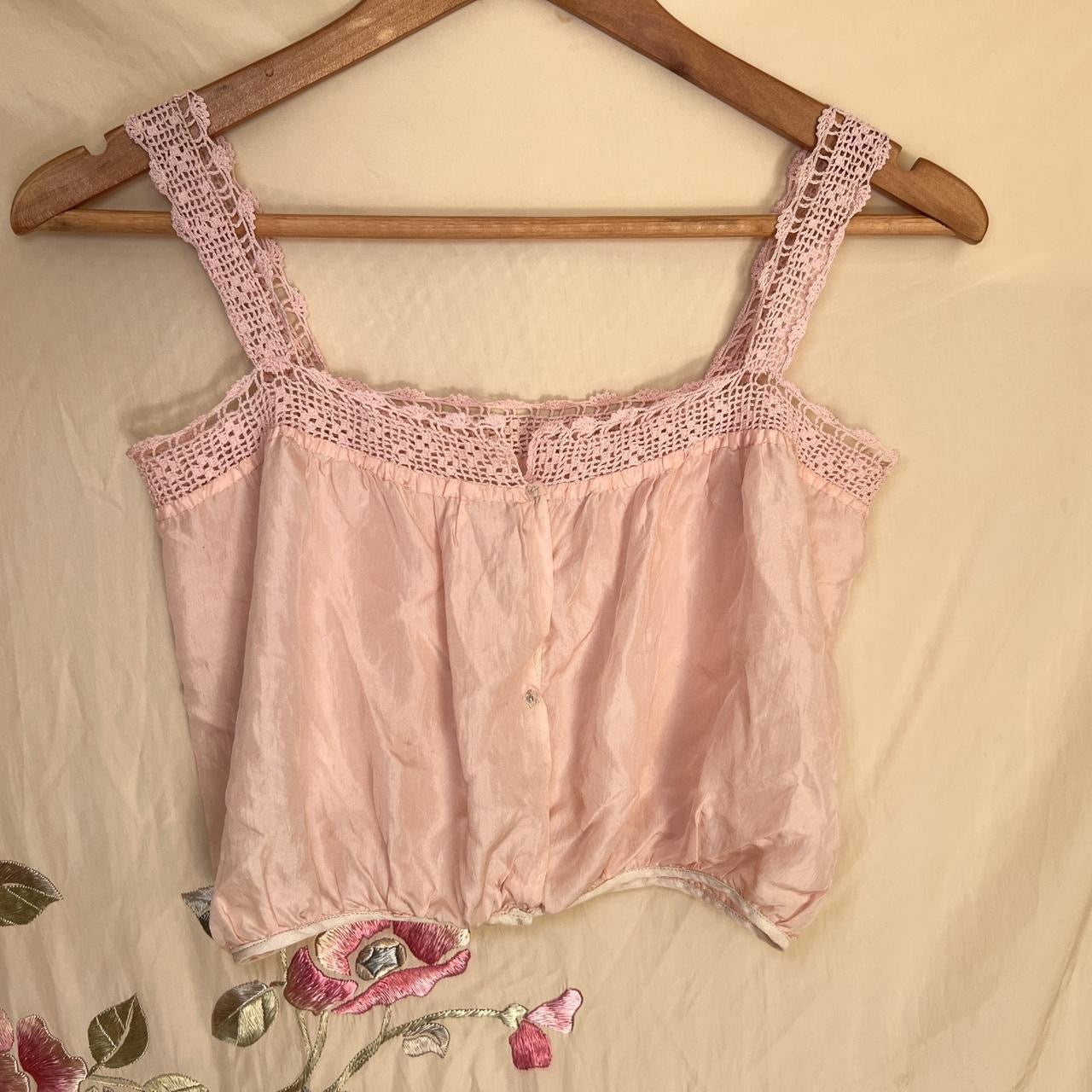 antique victorian / edwardian silk corset cover with crochet lace in blush pink