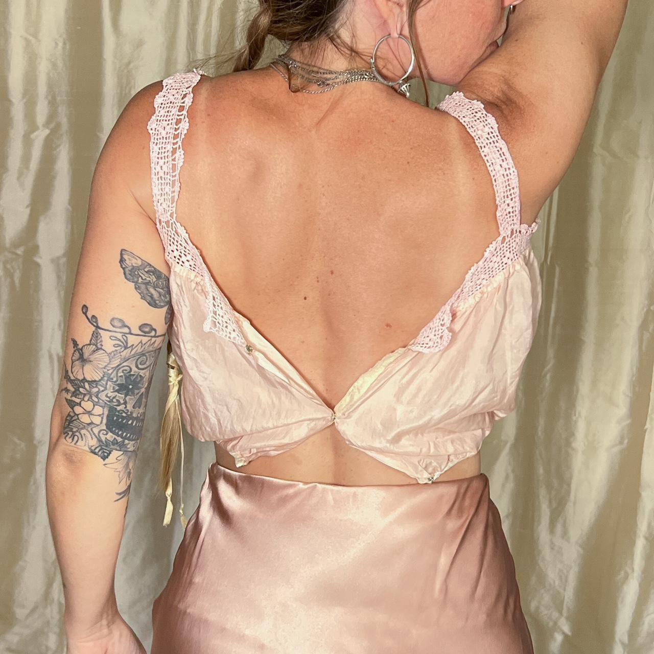 antique victorian / edwardian silk corset cover with crochet lace in blush pink