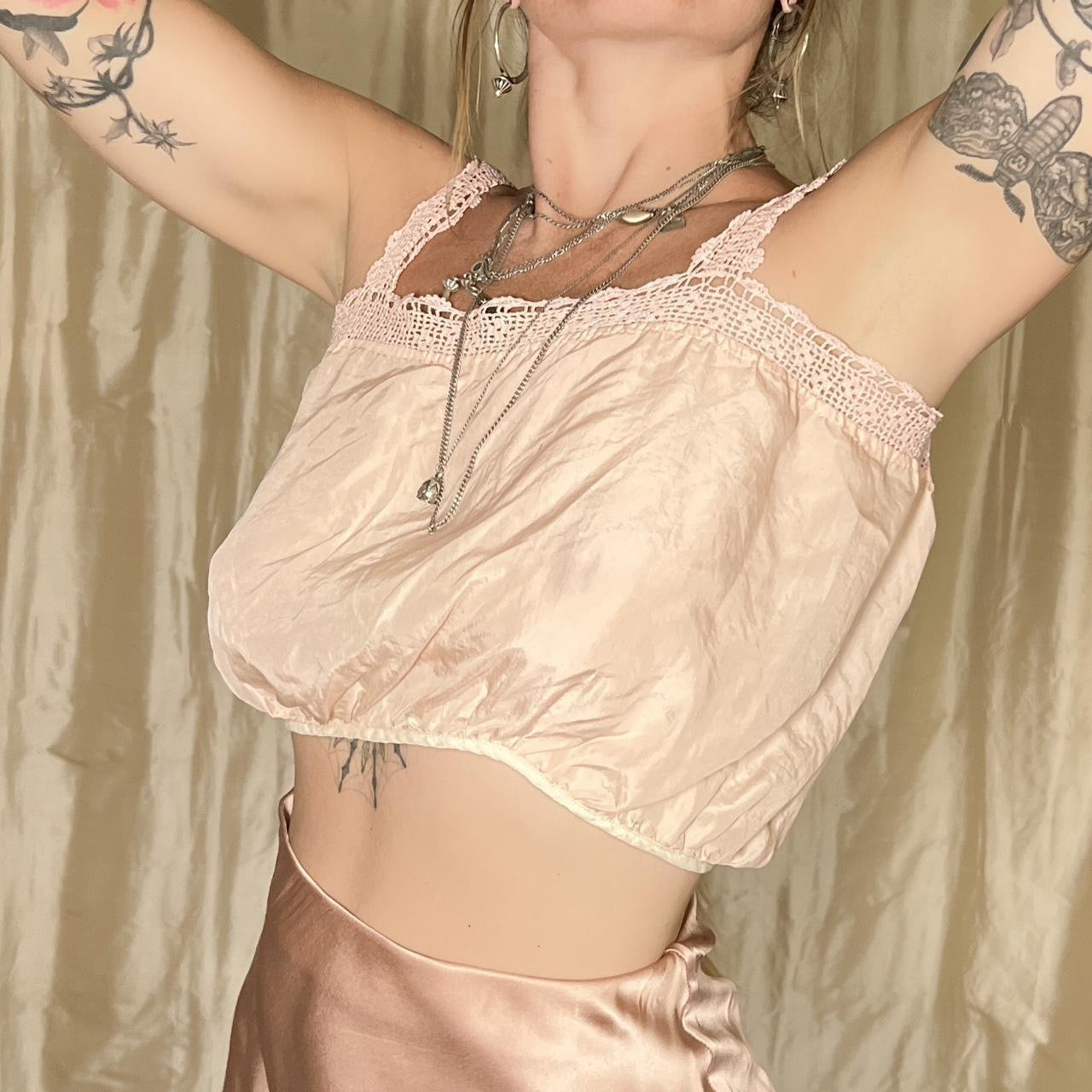 antique victorian / edwardian silk corset cover with crochet lace in blush pink
