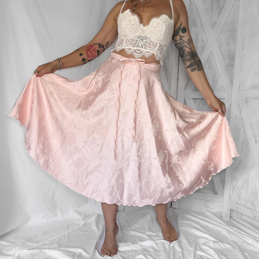 Vintage floral jacquard wrap prairie midi skirt in guava