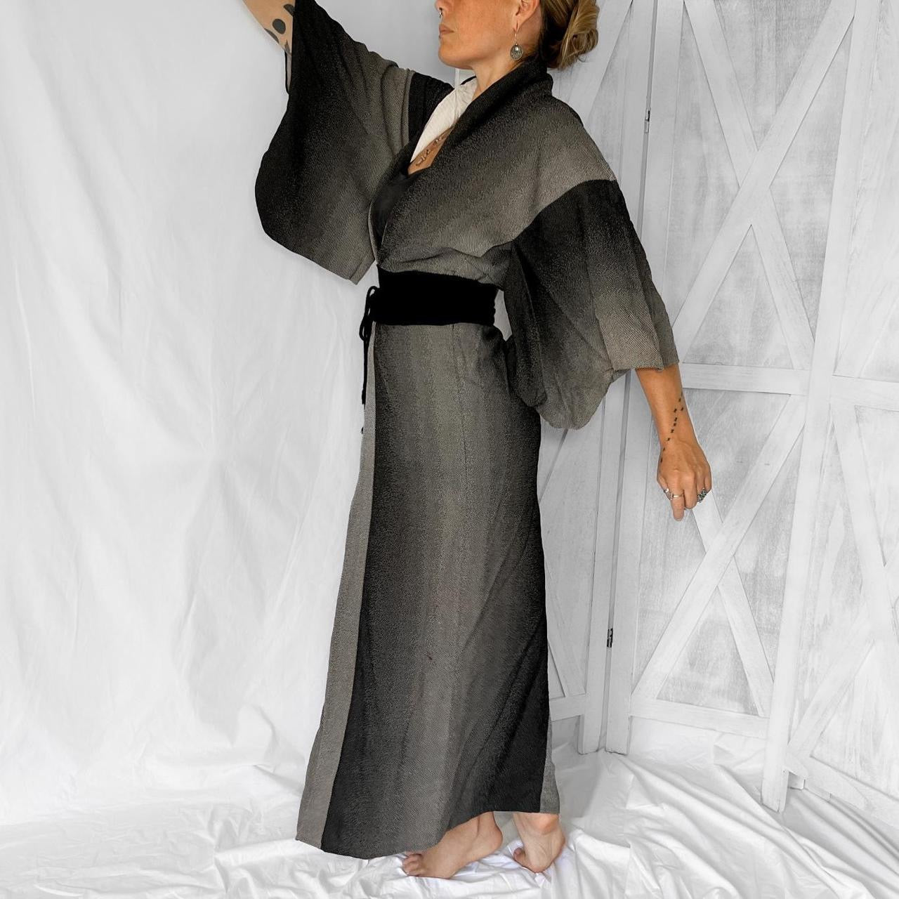 Vintage handmade genuine Japanese kimono robe in gradient smoke