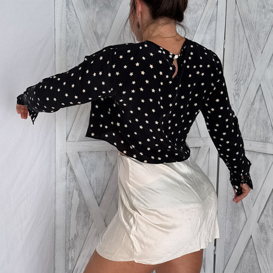 Vintage Black & White Star Print Silk Crop Top | 100% Silk Crepe | Size S