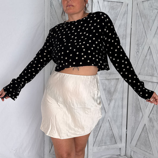 Vintage Black & White Star Print Silk Crop Top | 100% Silk Crepe | Size S